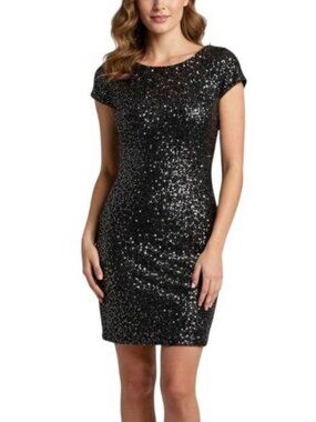 DRESS THE POPULATION Tabitha Black Sequin Mini Drop Back Cocktail Dress size XS